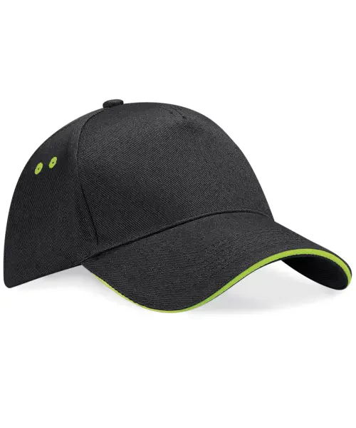 Beechfield Ultimate 5-Panel Sandwich Peak Cap Black/Lime Green