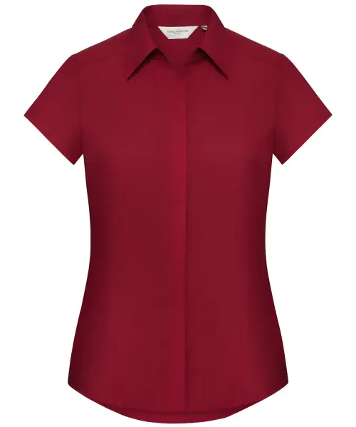 Russell Collection Women's Cap Sleeve Polycotton Fitted Poplin Shirt Red