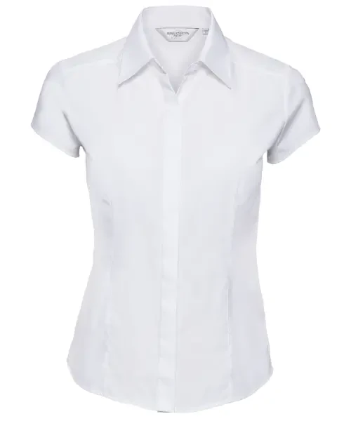 Russell Collection Women's Cap Sleeve Polycotton Fitted Poplin Shirt White