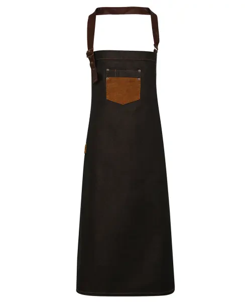 Premier Division Waxed-look Denim Bib Apron With Faux Leather Black/tan Denim