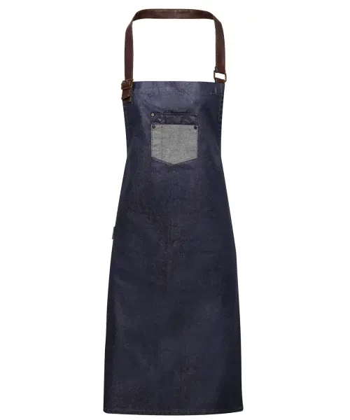 Premier Division Waxed-look Denim Bib Apron With Faux Leather Indigo Denim