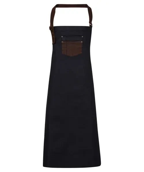 Premier Division Waxed-look Denim Bib Apron With Faux Leather Indigo/brown Denim