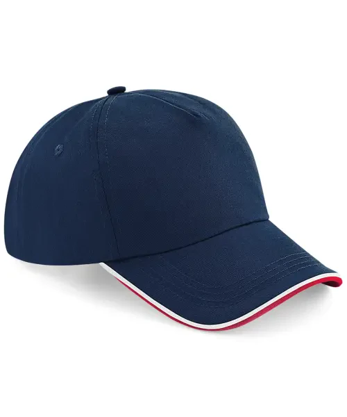 Beechfield Authentic 5-Panel Piped Peak Cap French Navy/Classic Red/White