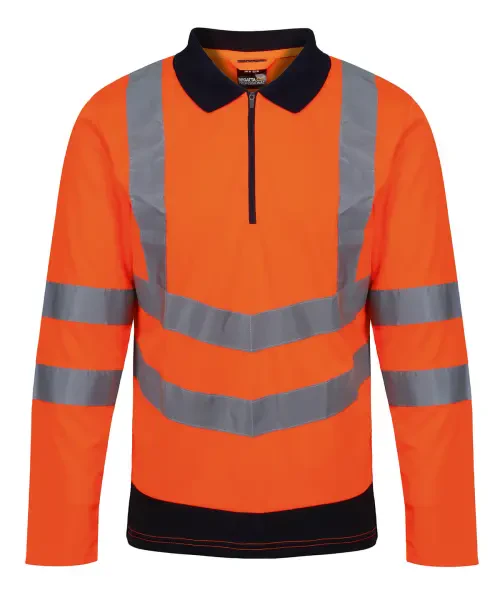 Regatta Pro Hi-Vis Long Sleeve Polo Shirt Orange/Navy